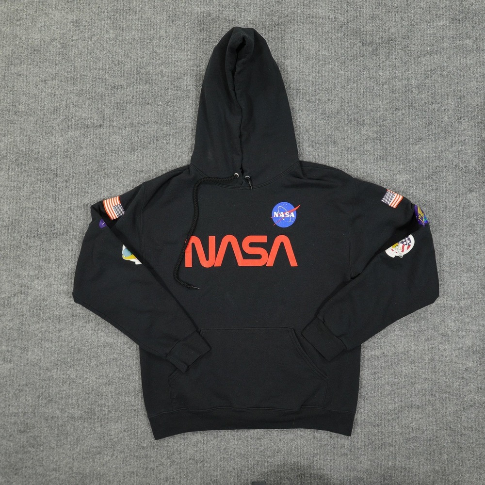 NASA Hoodie Mens Medium Black Bowery Supply Co.‎ Graphic Sleeve Patches Pullover
